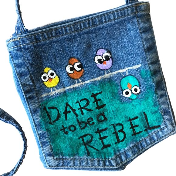 Crossbody Jean Purse: Handmade Over Shoulder Cell Phone Bag, Whimsical Birds - Picture 1 of 11